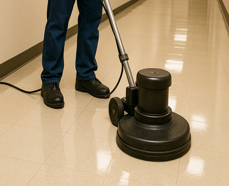 Person burnishing a floor with a high-speed buffer machine